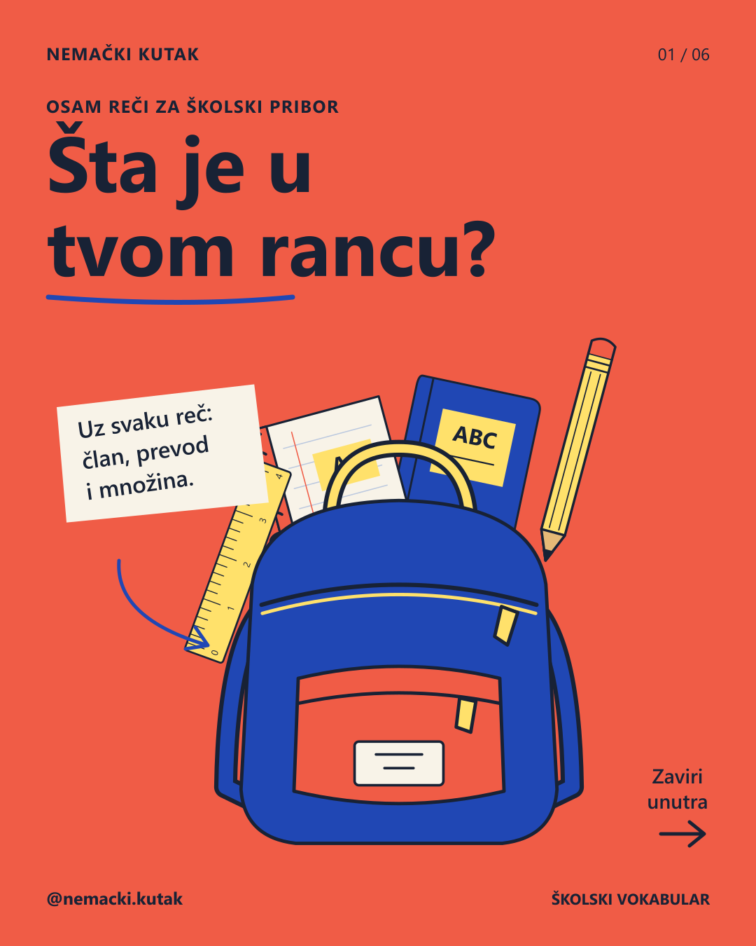 Plavi ranac sa školskim priborom — osam nemačkih reči